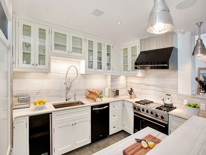 White Kitchen Cabinets with Black Appliances