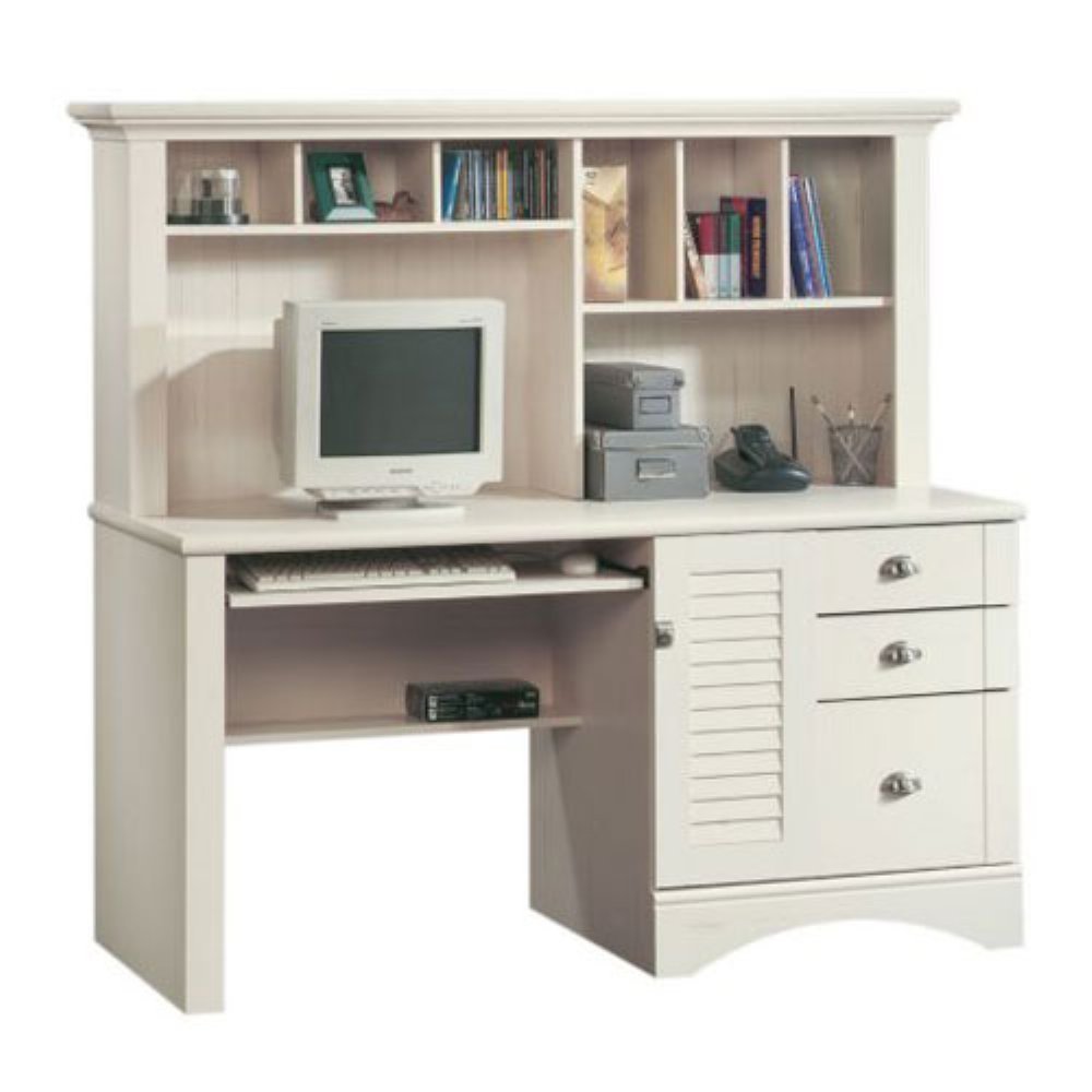 Sauder Harbor View Computer Desk With Hutch Antiqued White